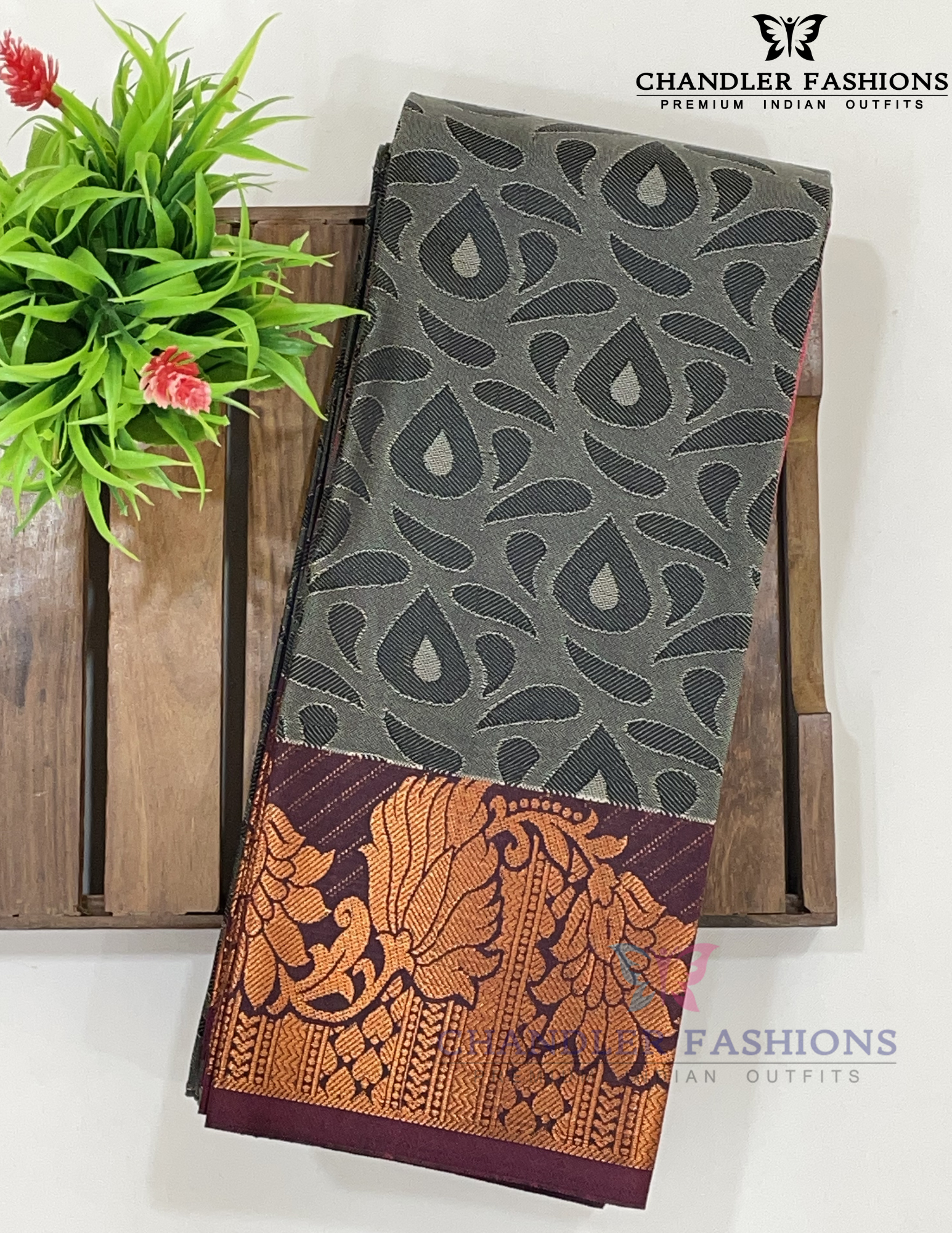 Gray Color With Maroon Color Golden Zari Border Art Silk Saree In Chandler