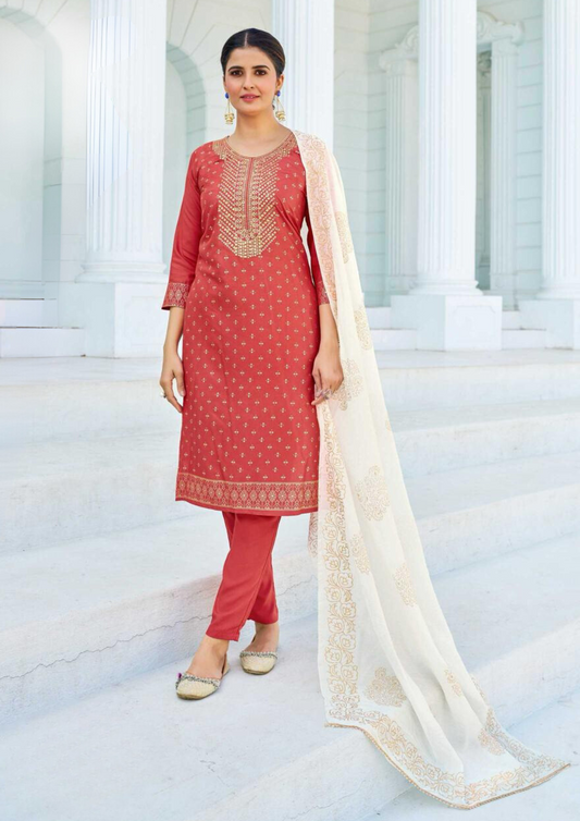 Delightful Red Color Foil Print With Foil Print Kurti And Dupatta Sets For Women