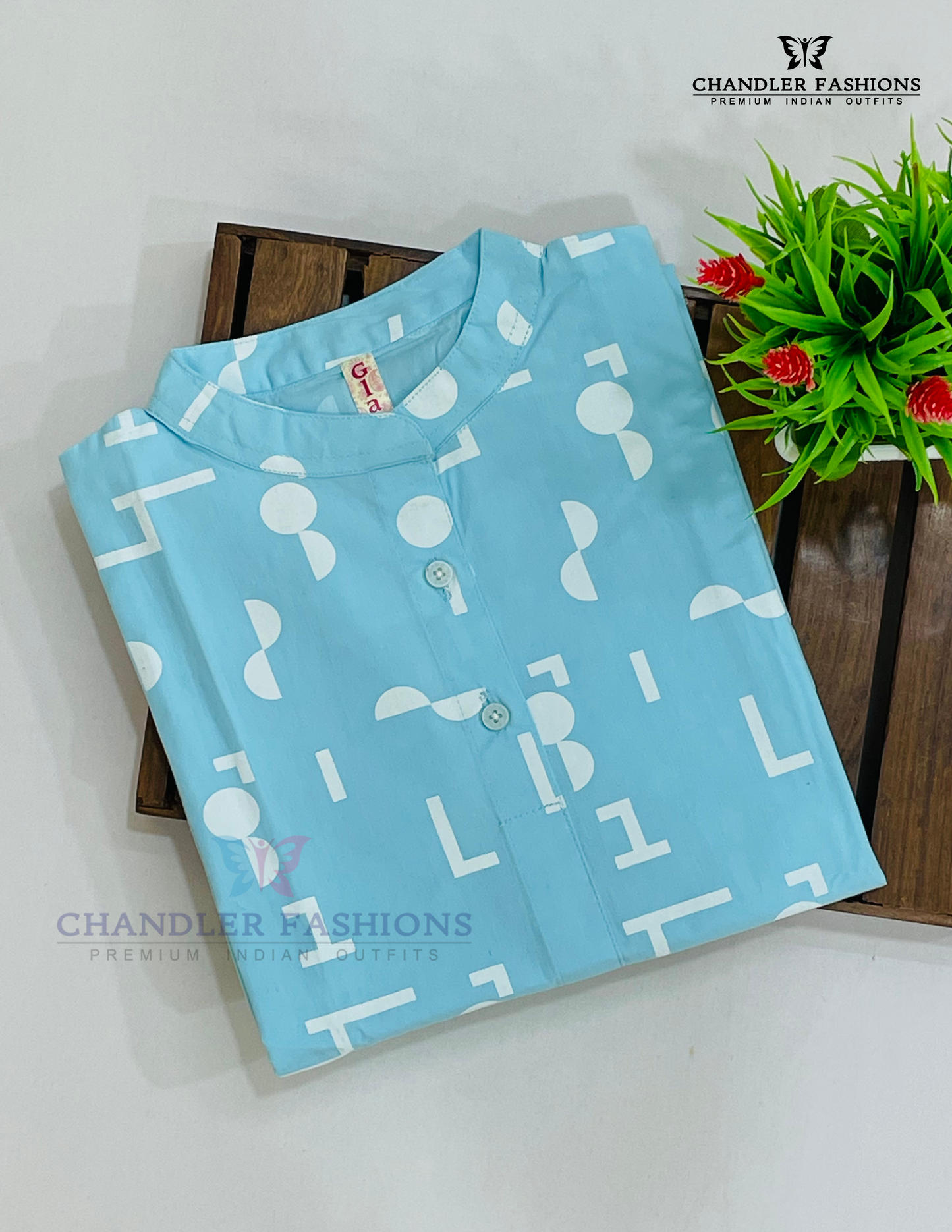 Alluring Sky Blue Colored Cotton Printed Work Kurti Near Me