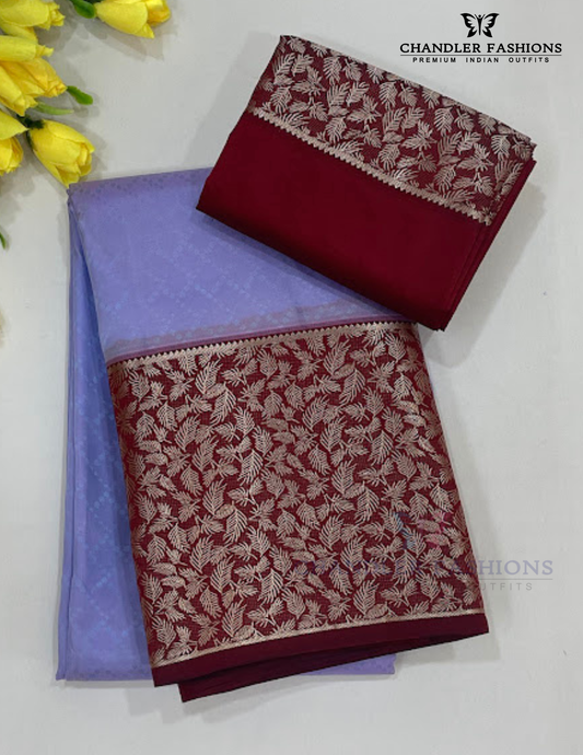 Beautiful Lavender Color Pure Kanchi Silk Floral Motifs With Maroon Color Border And Silver Zari Work Saree For Women - SILKMARK CERTIFIED
