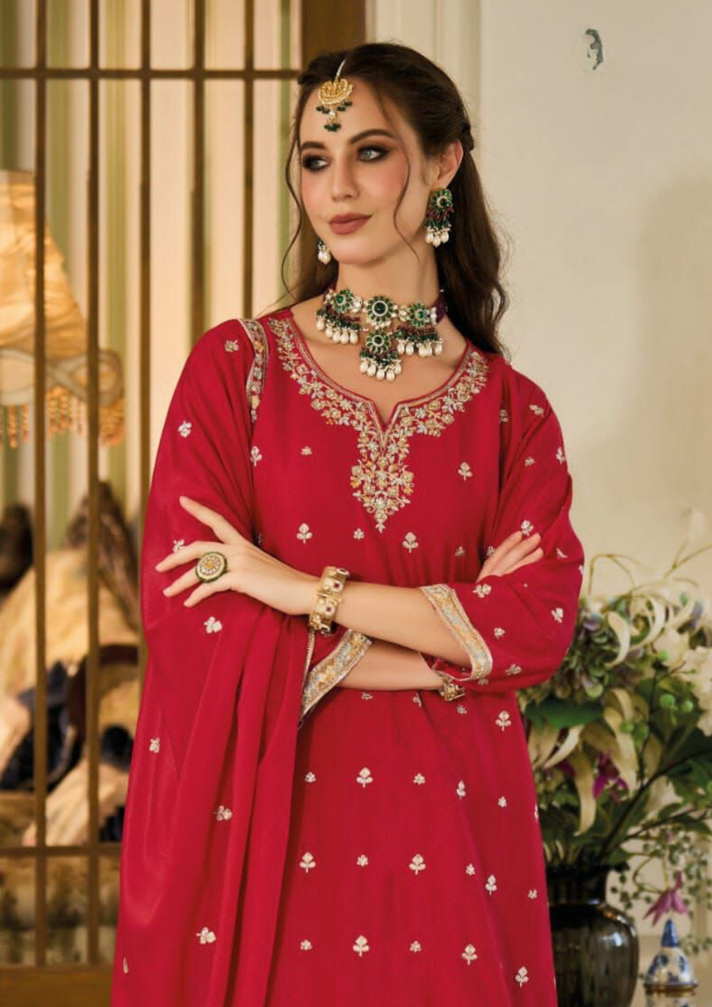 Charming Red Color Chinon Designer Palazzo Suits Near Me