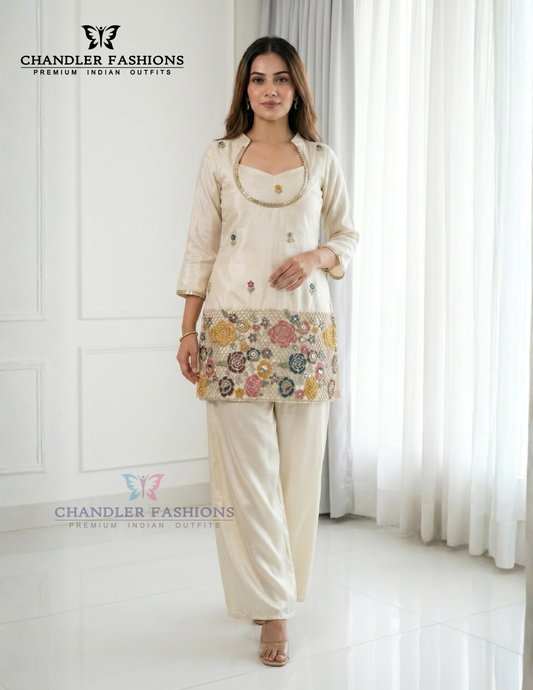 Attractive Off White Color Shimmer With Embroidery Work Palazzo Suits For Women