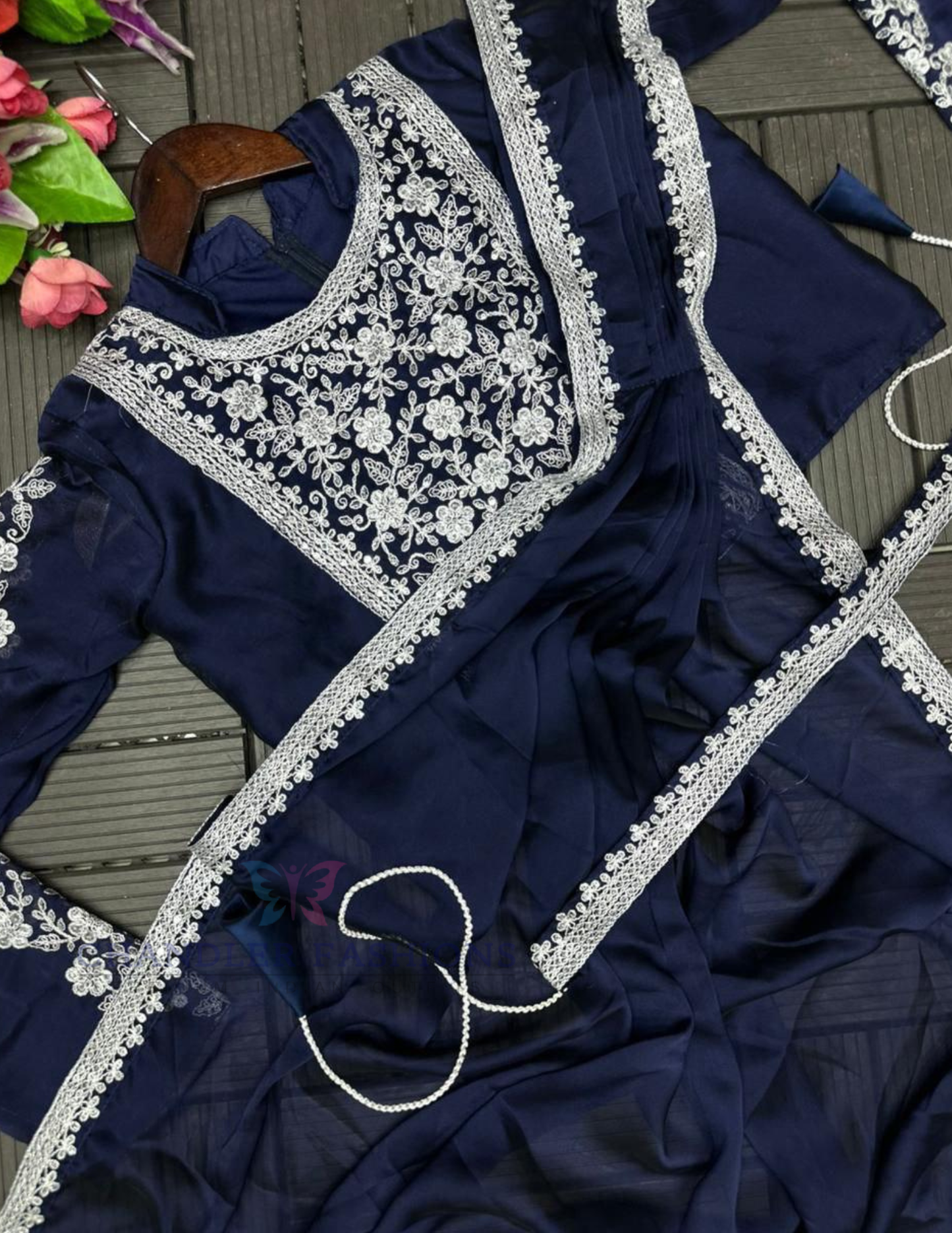 Navy Blue Color Heavy Rangoli Ready To Wear Saree In USA