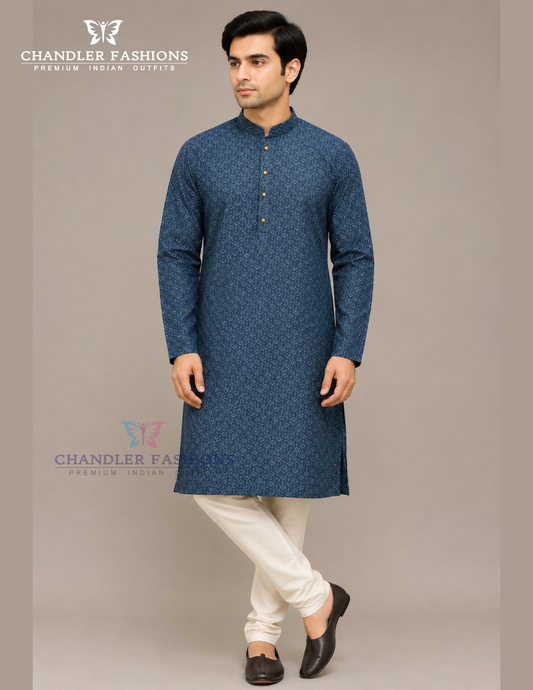 Appealing Blue Color Jacquard Chikankari Kurta suit For Men