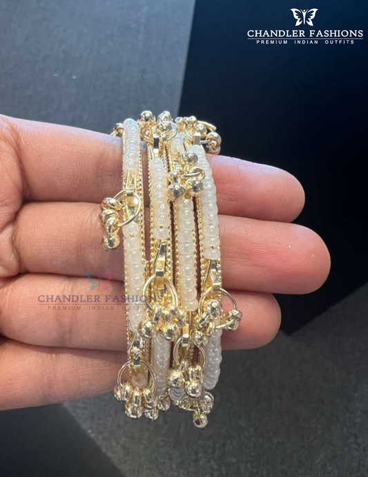 Alluring White Color With Pearls Gold Plated Bangles For Women