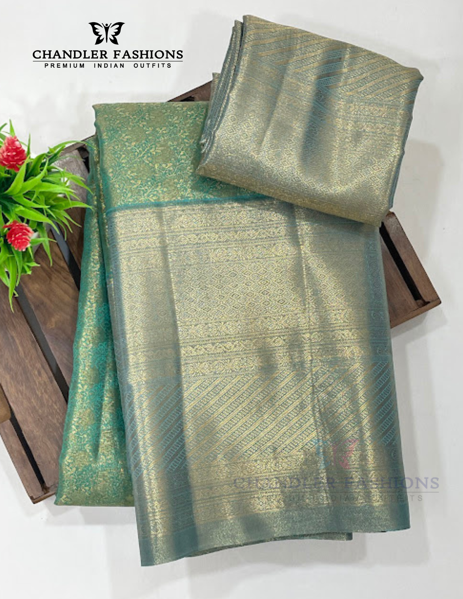 Sea Green Color Pure Kanchi Silk With Gold Zari Work Saree In USA