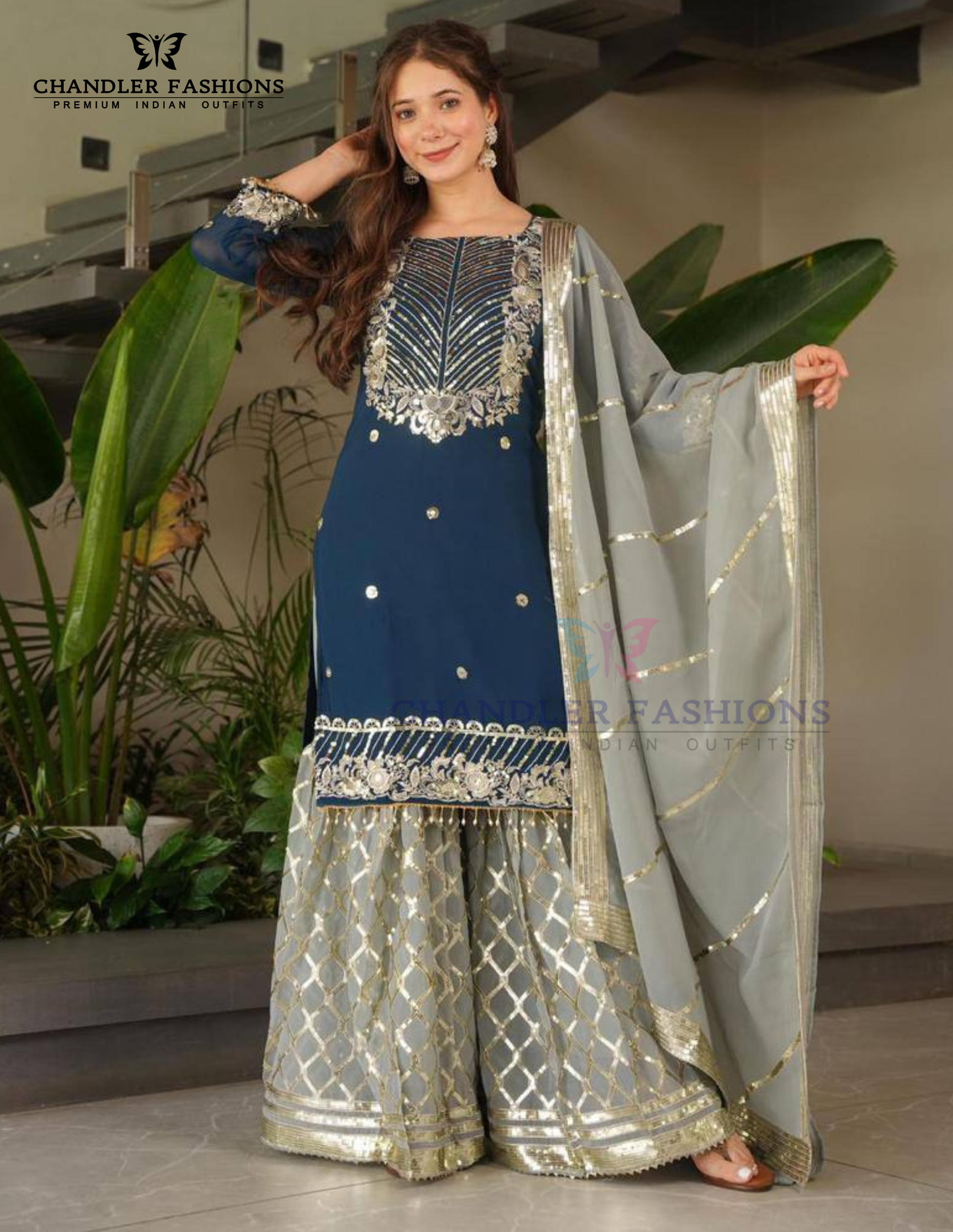 Attractive Blue Color Georgette With Embroidered Sequins Work Sharara Suits For Women Near Me