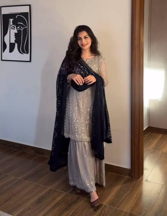 Pretty Gray Color Sharara Suit With Faux Georgette Embroidery And Beads Work For Women