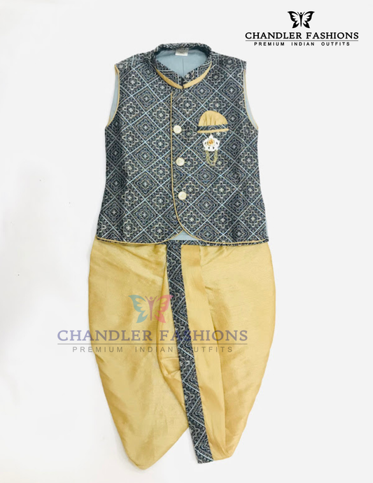 Attractive Blue Color Silk Cotton Sherwani Suit With Brooch Pin For Boys