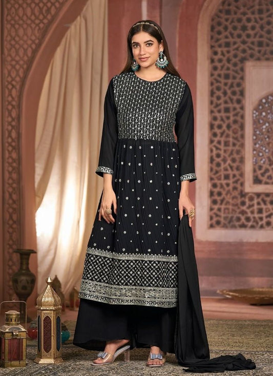 Wonderful Black Georgette Embroidered Party-Wear Designer Palazzo Suits For Women
