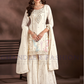 Alluring Cream Color Chinon With Heavy Embroidery Work Sharara Suits For Women