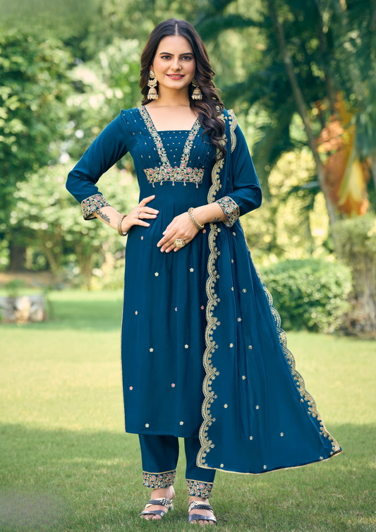 Stunning Teal Blue Color Thread Work With Pure Viscose Salwar Suits For Women