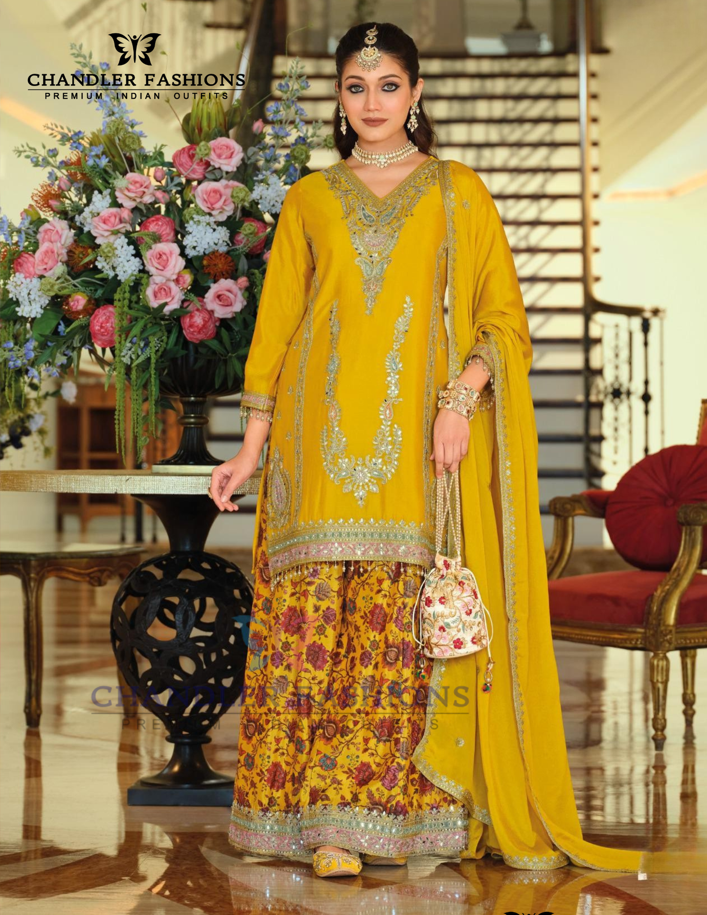 Alluring Yellow Color Heavy Chinon With Embroidery Work Palazzo Suits And Dupatta