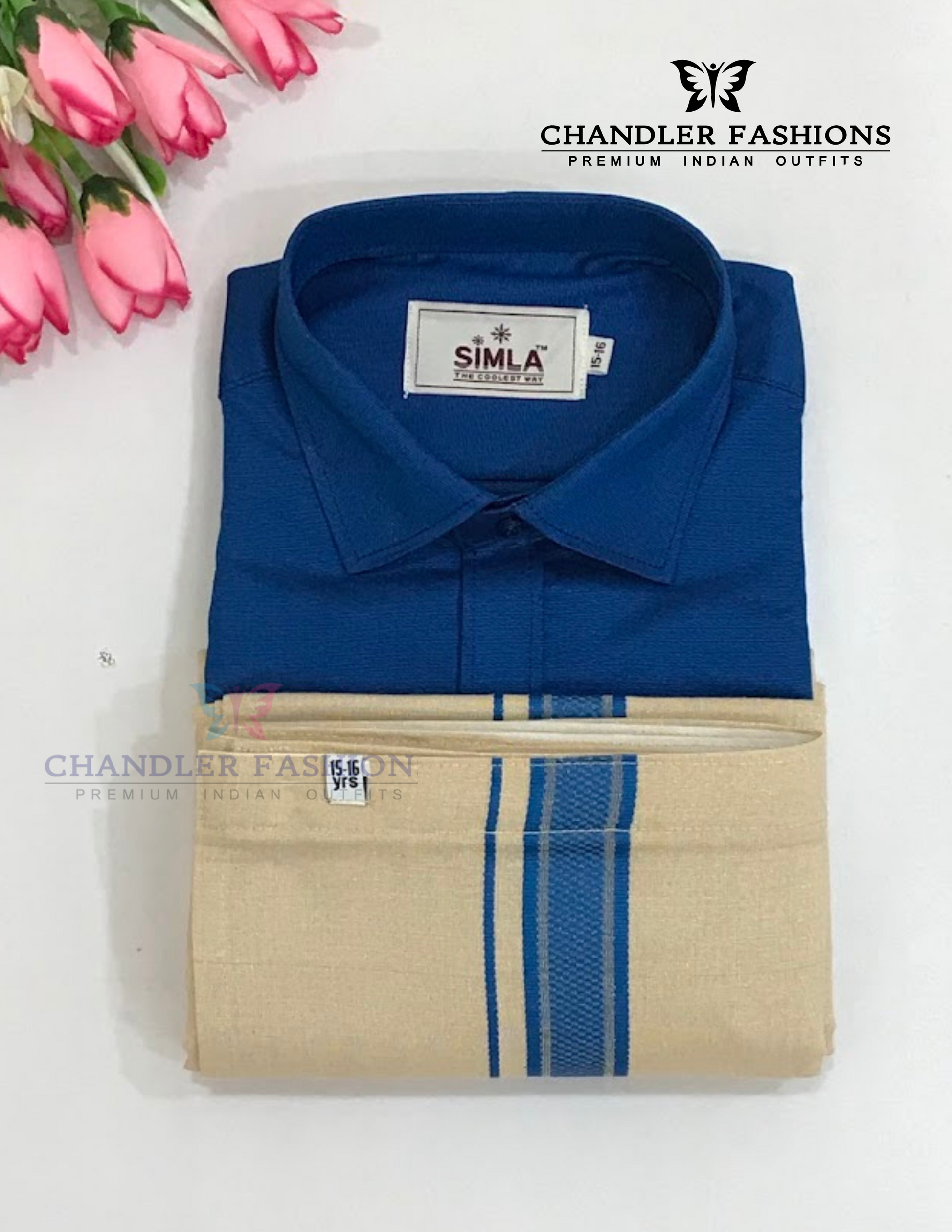
Graceful Blue Color Cotton Shirt With Tissue Zari Work Dhoti Set For Kids
