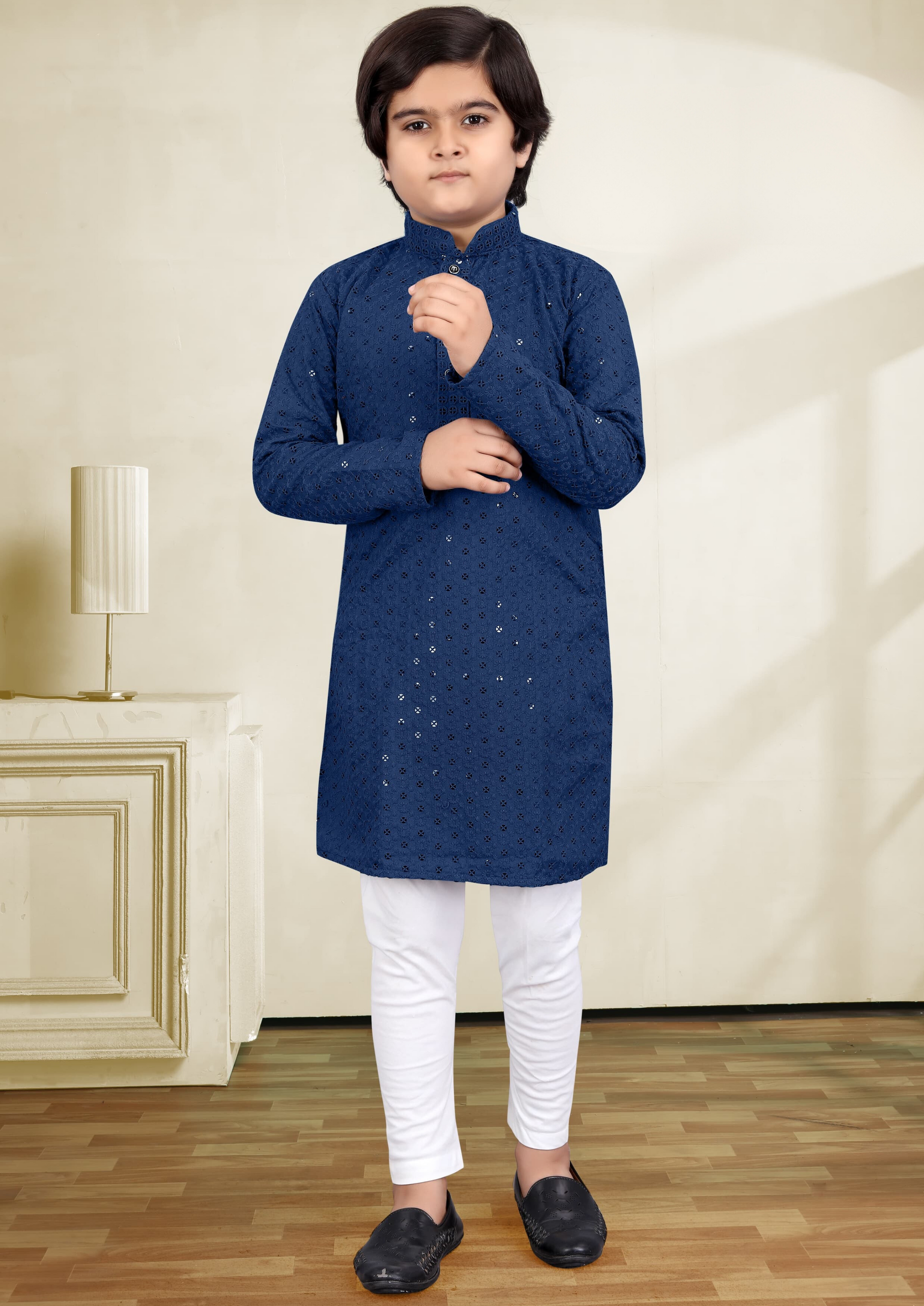 Appealing Blue Color Sequins Embroidery Work Kid's Kurta With Pajama Pant