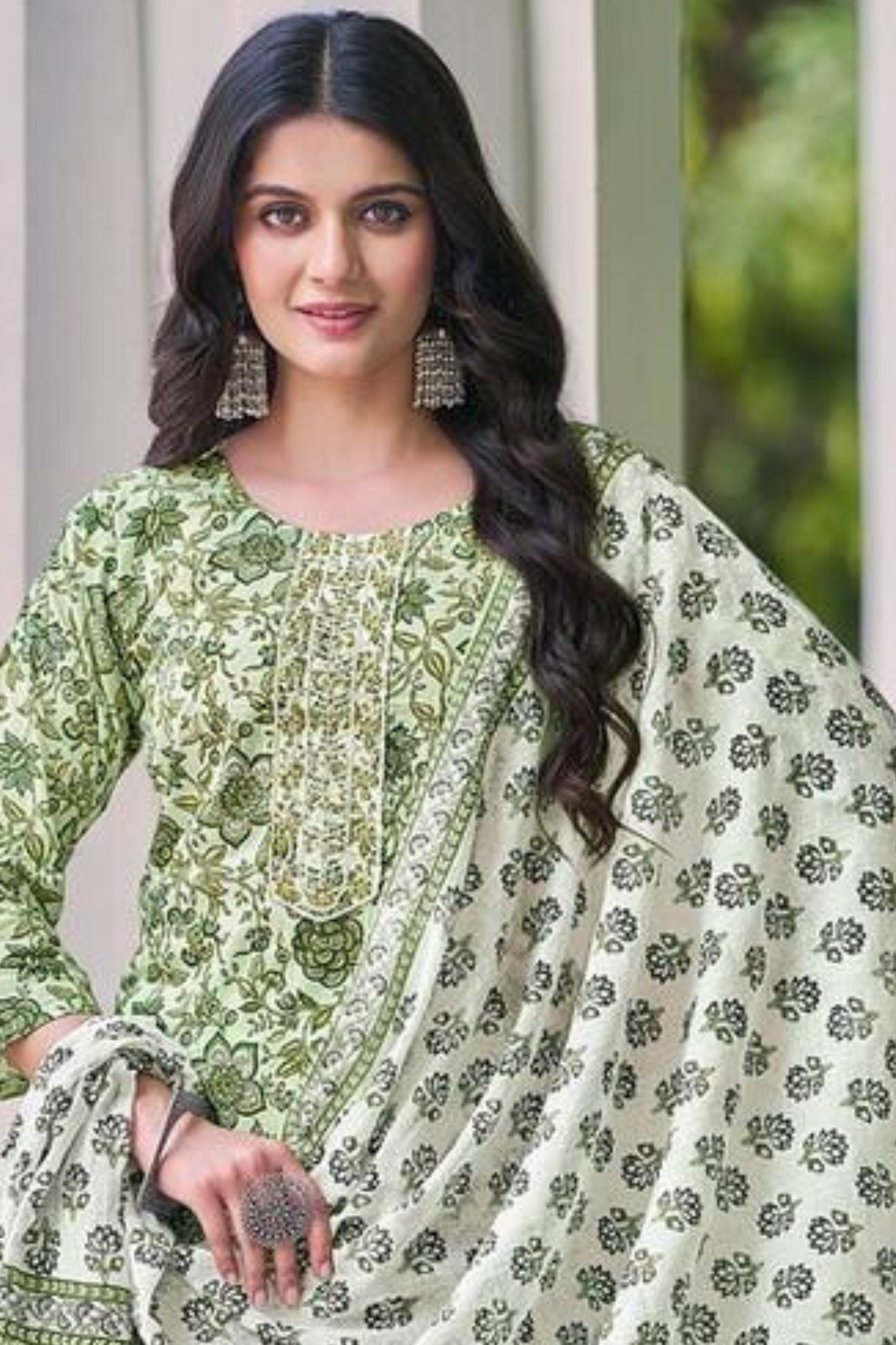 Light Green Color Cotton Salwar Suits With Printed Work Near Me