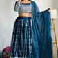 Attractive Teal Blue Color Faux Georgette Embroidery And Sequins Work Lehenga With Dupatta