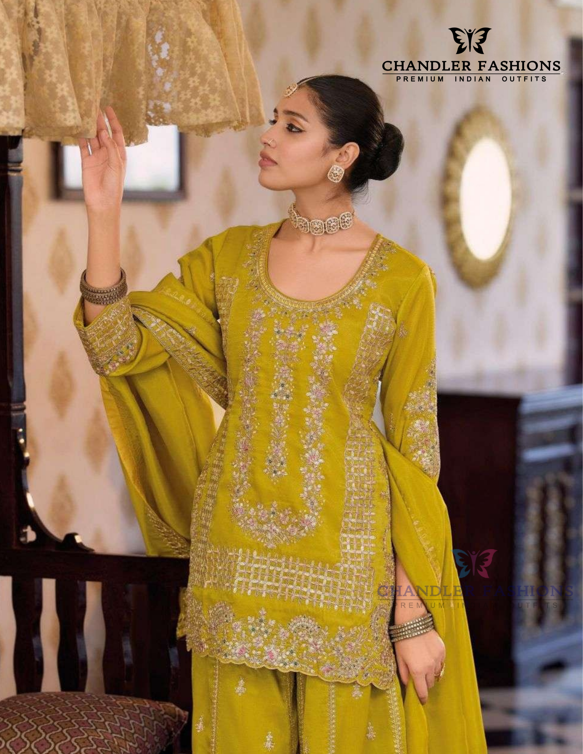 Charming Lime Green Color Shimmer Palazzo Suits With Embroidery Work Near Me