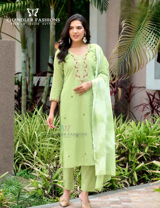 Beautiful Pista Green Color Cotton With Embroidery Work Salwar Suits For Women