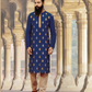 Attractive Navy Blue Color Slub Silk Neck Embroidery Work Men's Kurta Pajama Set For Men