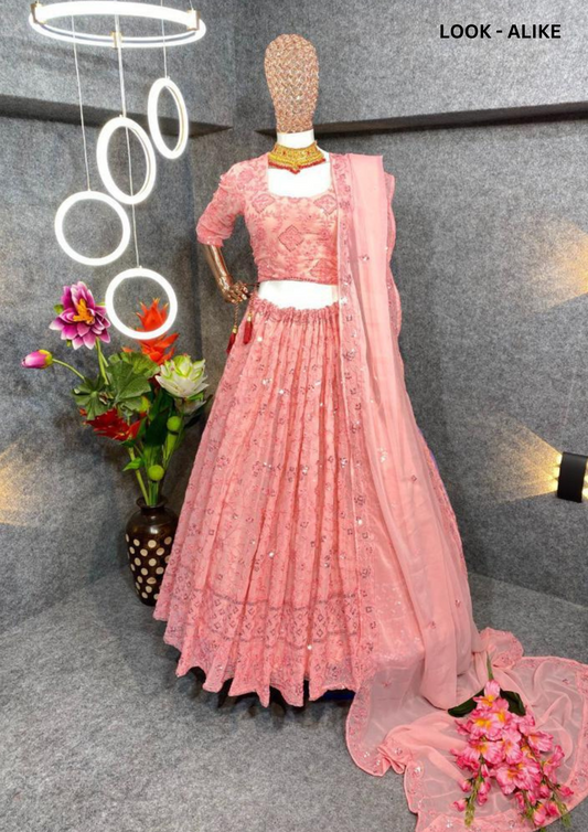 Gorgeous Pink Colored Faux Georgette Embroidery And Sequins Work Lehenga & Choli For Women