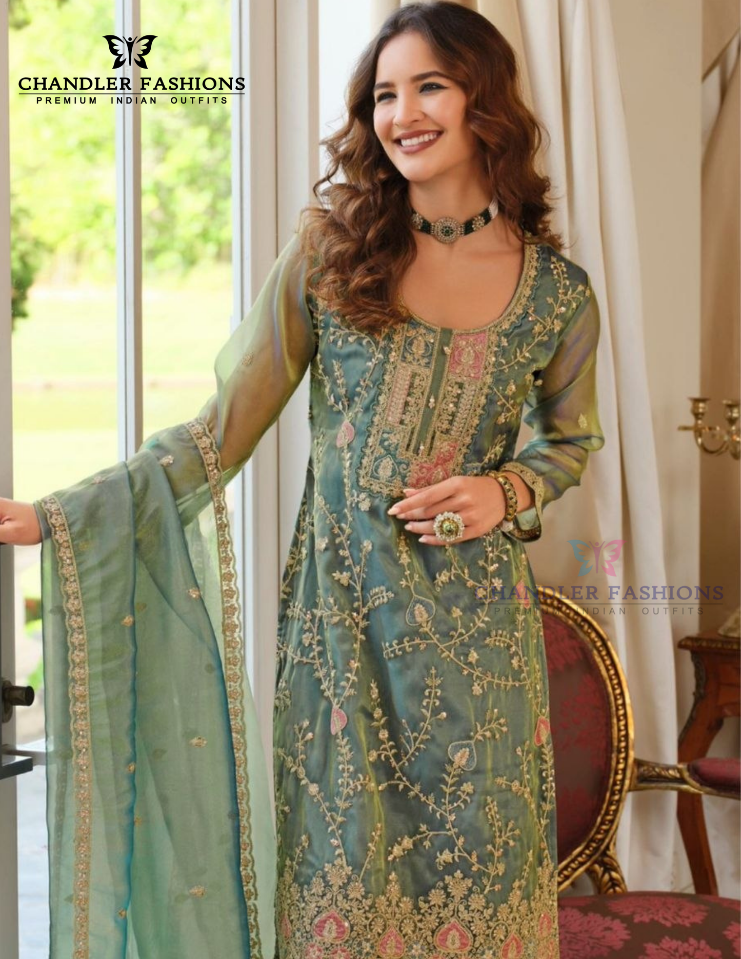 Alluring Teal Green Color Shimmer With Embroidery Work Palazzo Suits For Women