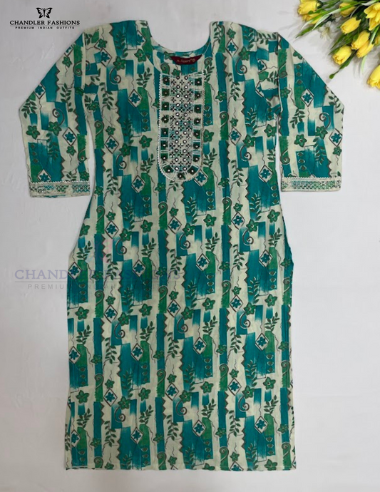 Attractive Multicolor Rayon With Embroidery And Sequins Work Kurti For Girls