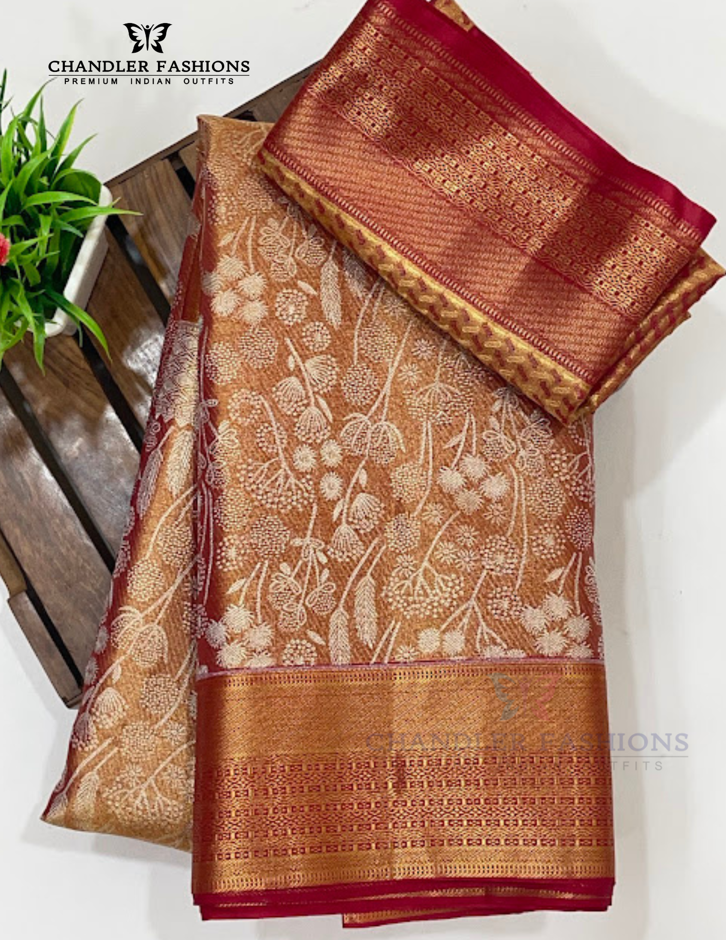 Copper Color Pure Kanchi Silk With Gold Zari Work Saree In USA
