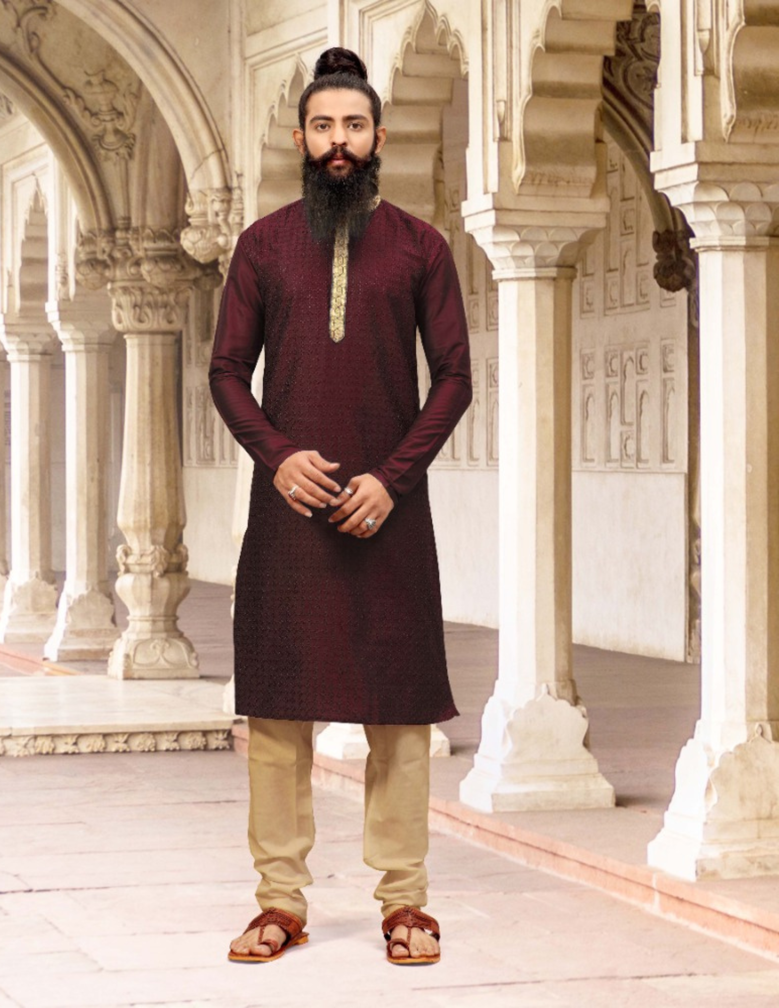 Beautiful Maroon Color Neck Embroidery Work Slub Silk With Pajama Set For Men's Kurta