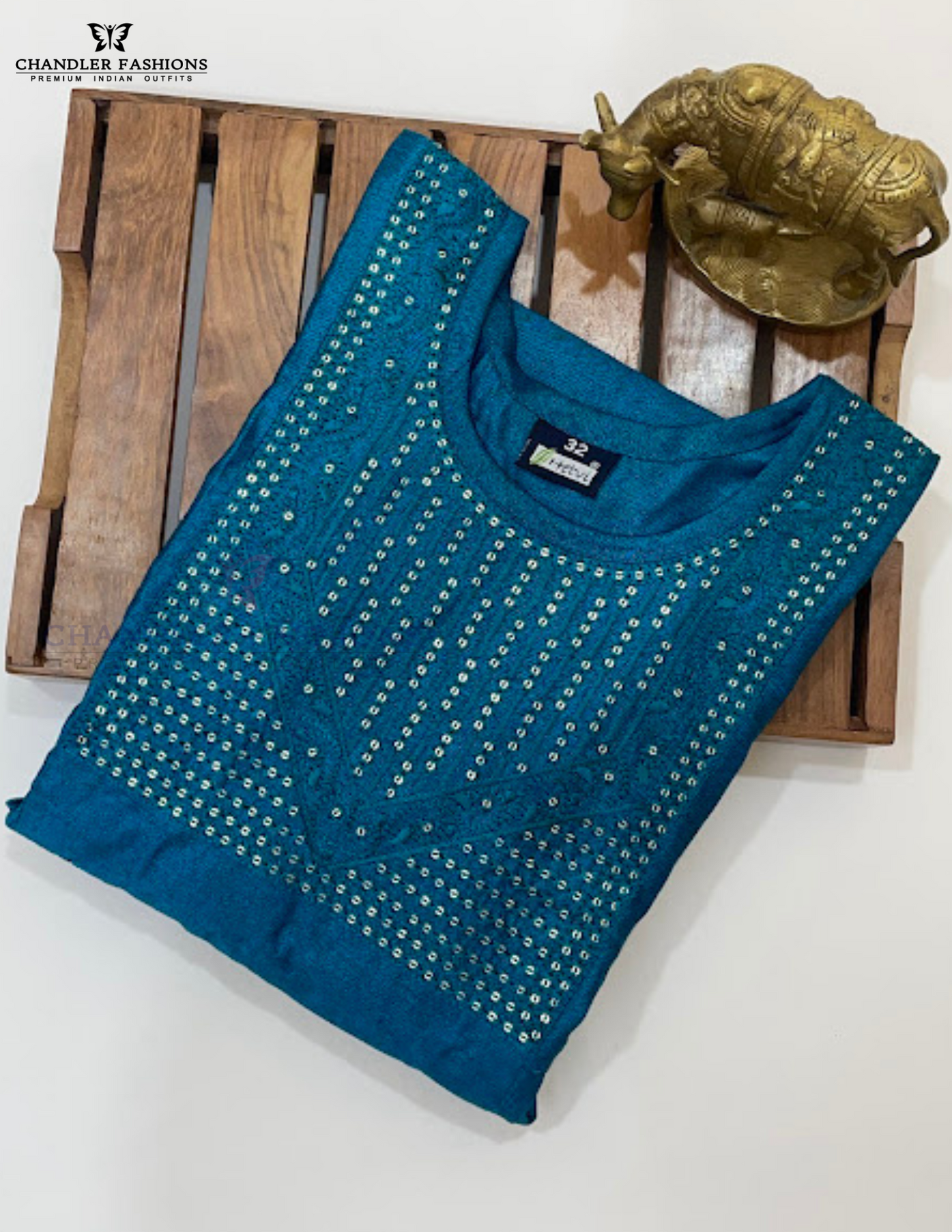 Teal Blue Color Embroidery And Sequins Work Kurti In Tempe