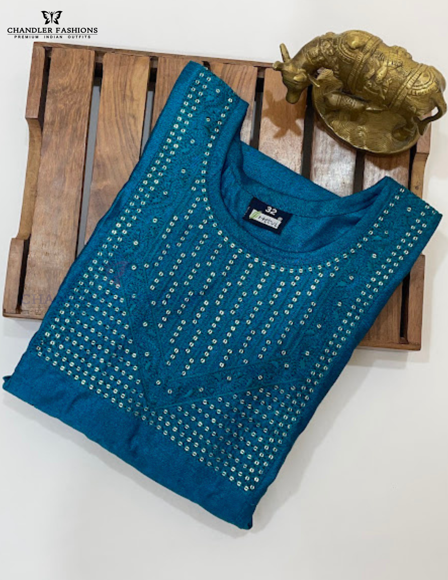 Teal Blue Color Embroidery And Sequins Work Kurti In Tempe