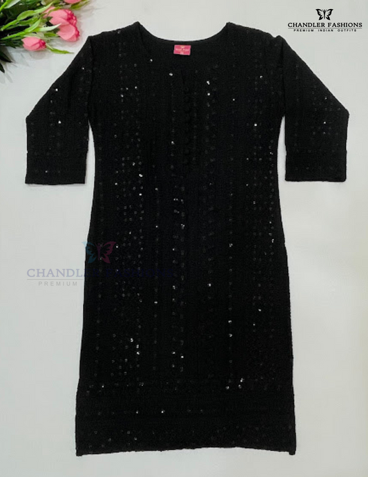 Appealing Black Color Soft Cotton With Chikankari Work Kurti For Girls