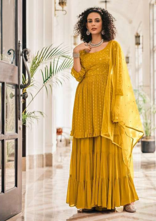 Beautiful Yellow Color Embroidered Designer Kurti With Net Dupatta