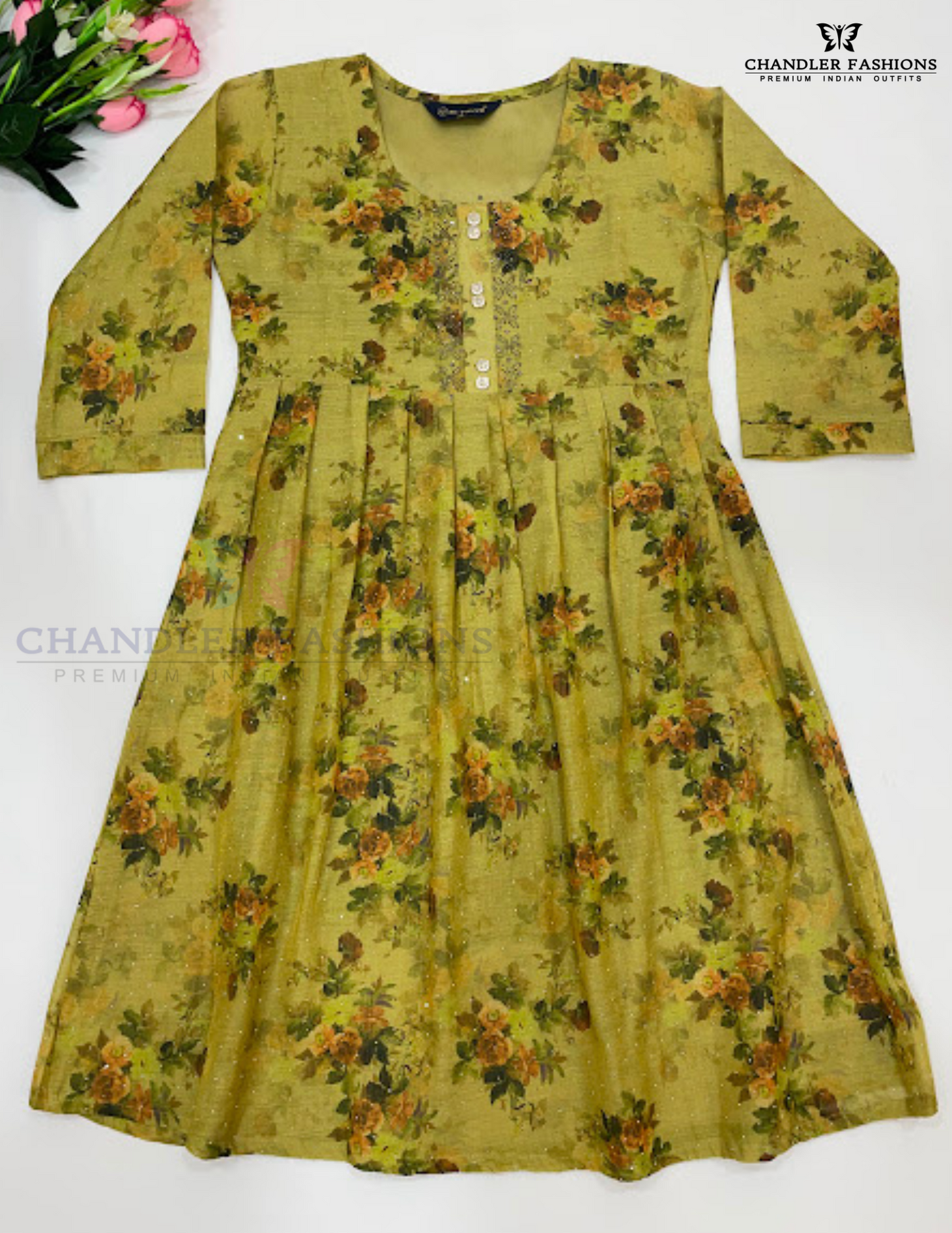 Alluring Green Color Tissue Silk With Floral Design Kurti For Women
