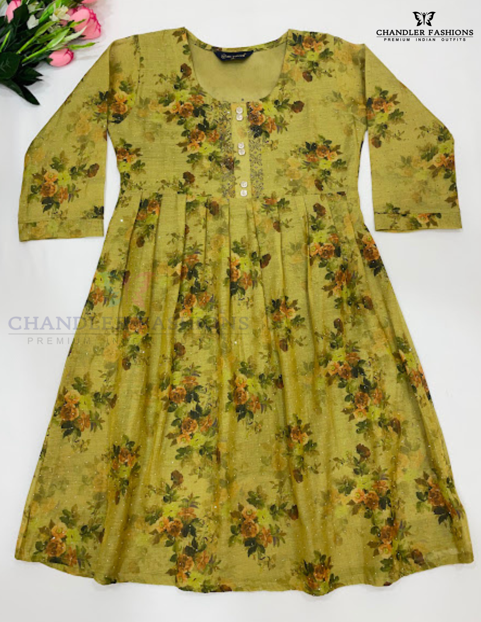 Alluring Green Color Tissue Silk With Floral Design Kurti For Women