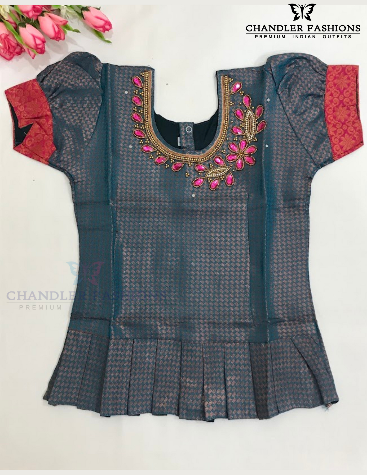 Appealing Green And Pink Color Stone Work With Silk Langa set For Girls In Mesa