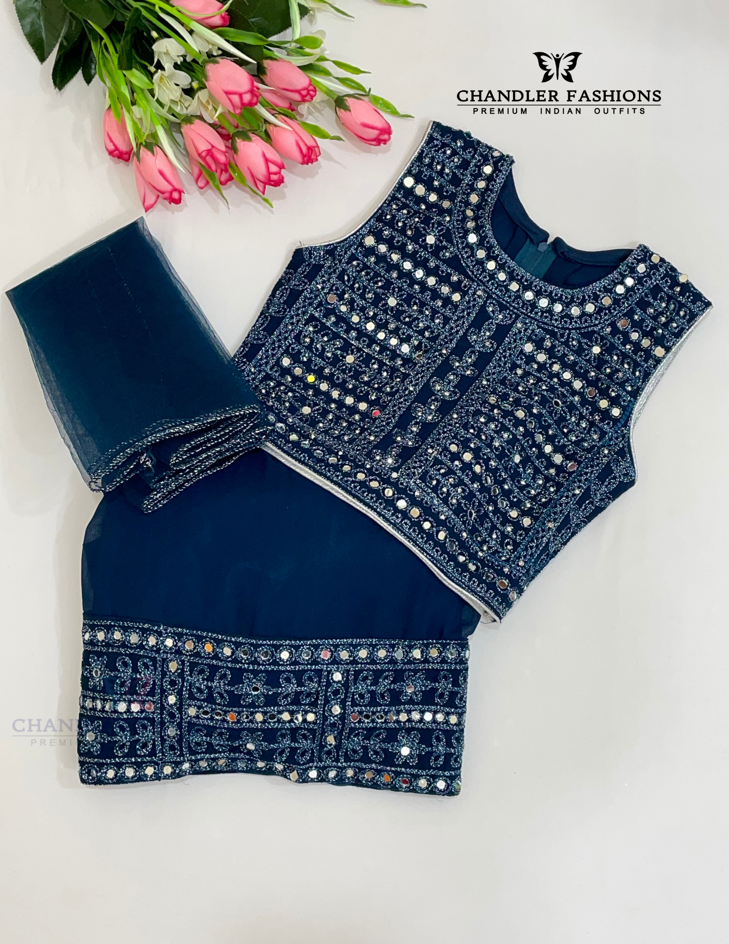 Alluring Teal Blue Color Georgette With Embroidery And Mirror Work Girls Choli Sets