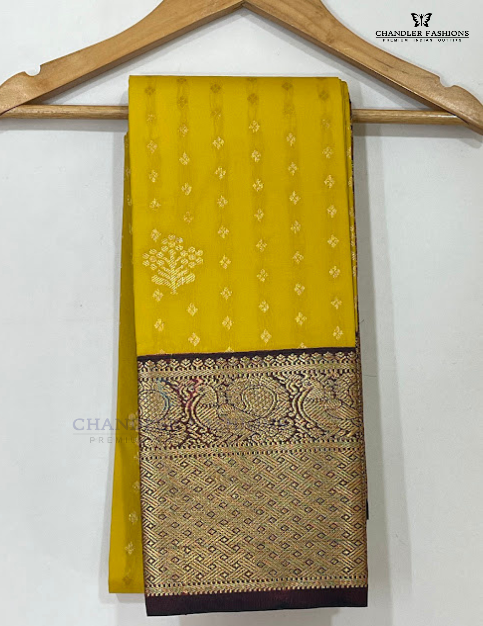 Yellow Color Pure Kanchi Silk With Maroon Peacock Motifs Border And Gold Zari Work Saree Near Me