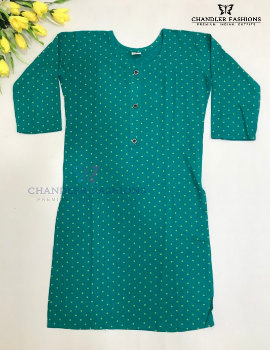 Attractive Green Color Rayon With Printed Work Kurti For Girls