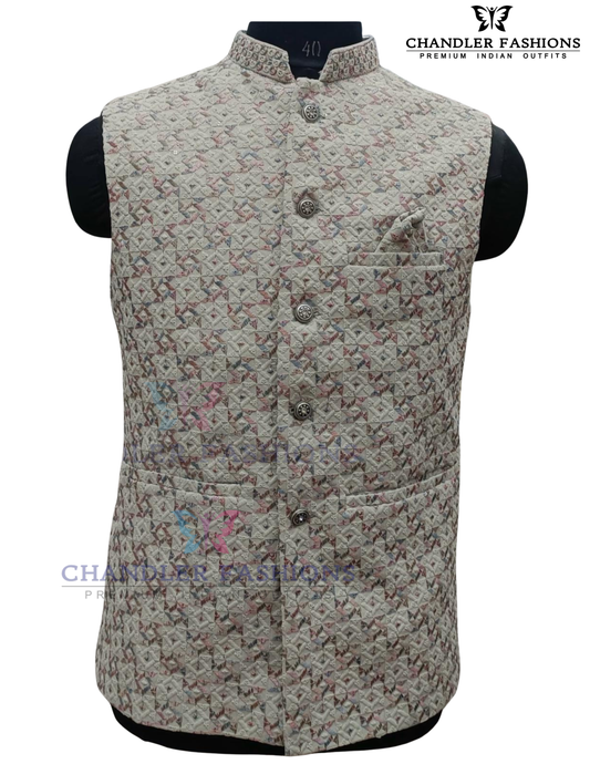 Charming Silver Gray Color Silk Blend With Embroidery Work Men's Jacket