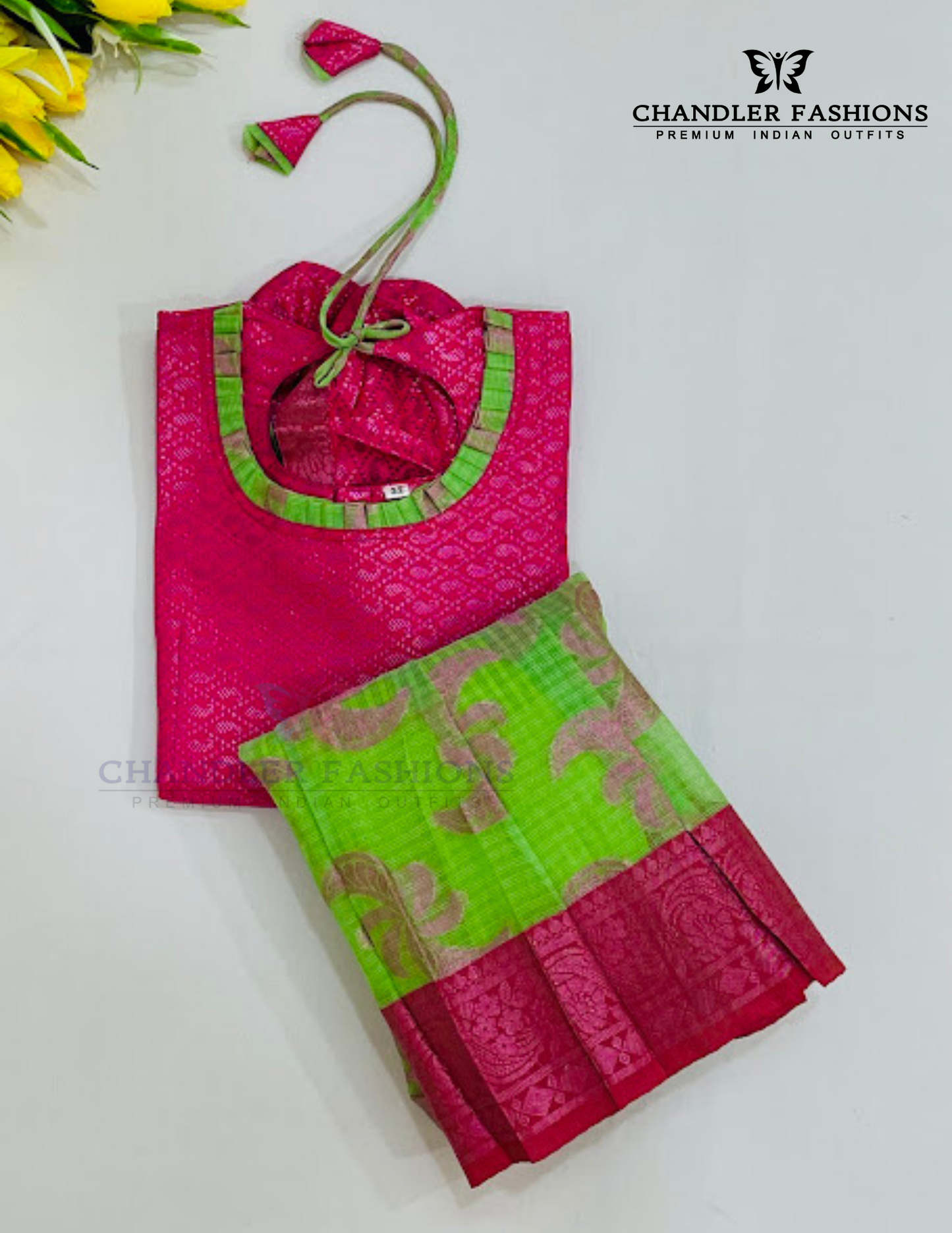 Alluring Pink And Green Colored Art Silk Langa Sets For Girls Near Me