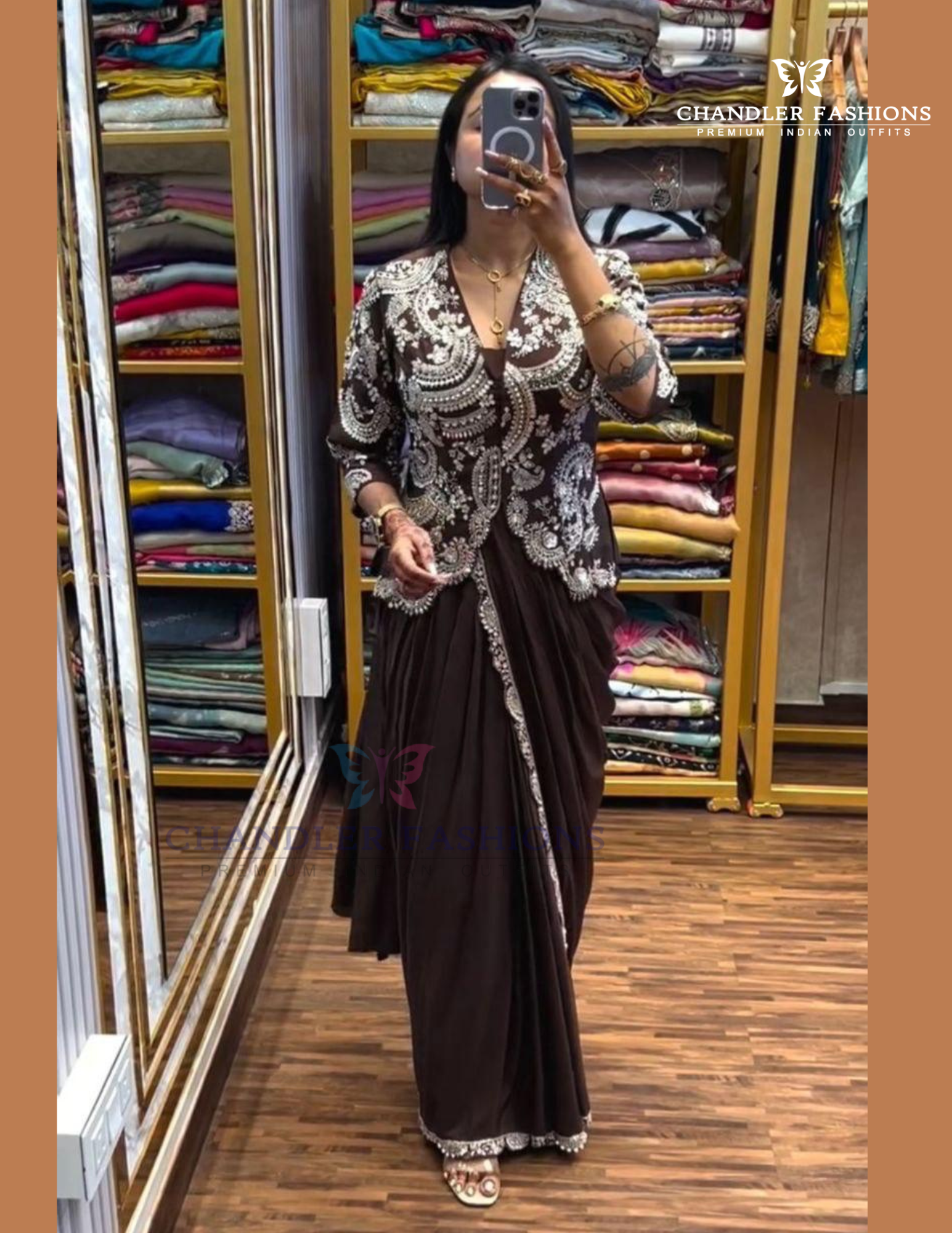 Brown Color Heavy Chinon Ready To Wear Saree In USA