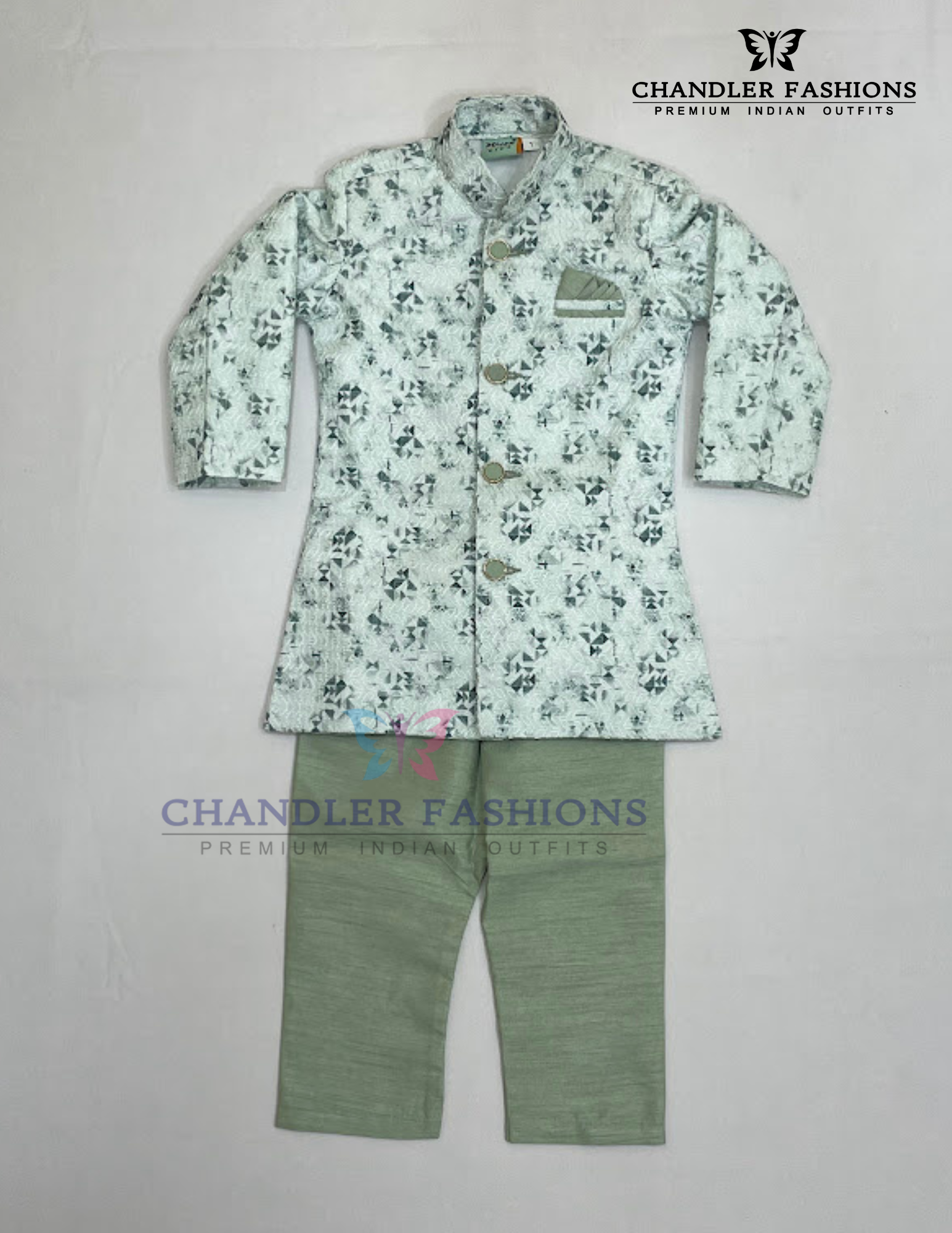 Stunning Green And White Color With Silk Cotton Sherwani Suit For Boys