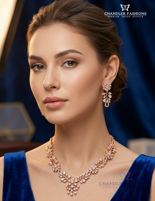 Elegant White Stone Gold Plated Necklace And Earrings Set For Women