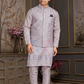 Wonderful Light Purple Color Silk Mastani Kurta Mirror Work With Silk Pajama And Jacket Set For Men