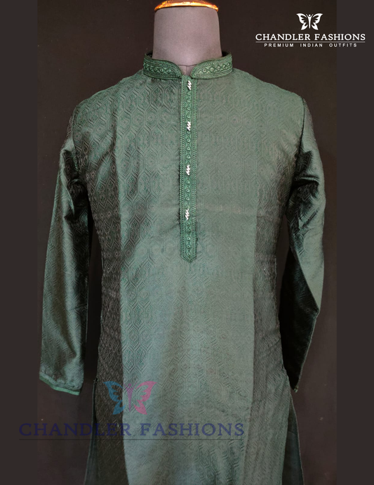 Graceful Bottle Green Color Brocade Designer Kurta Suits For Men