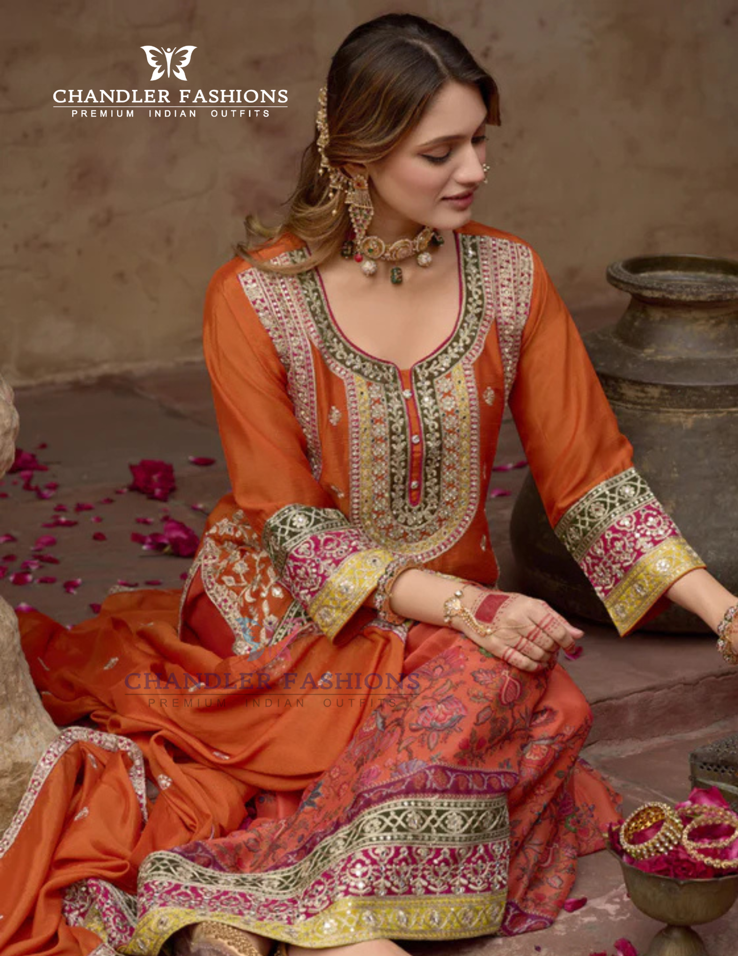 Chinon With Embroidery Work Palazzo Suits In USA