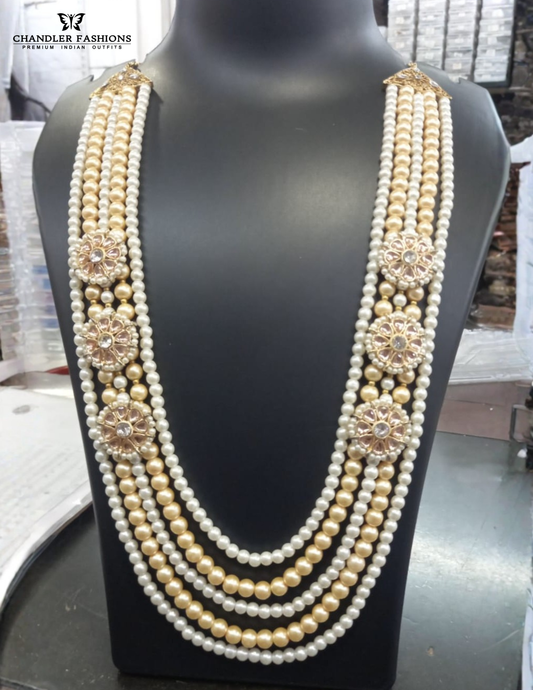 Appealing Cream And White Color Gold Plated Mala With Pearl And Stone Work