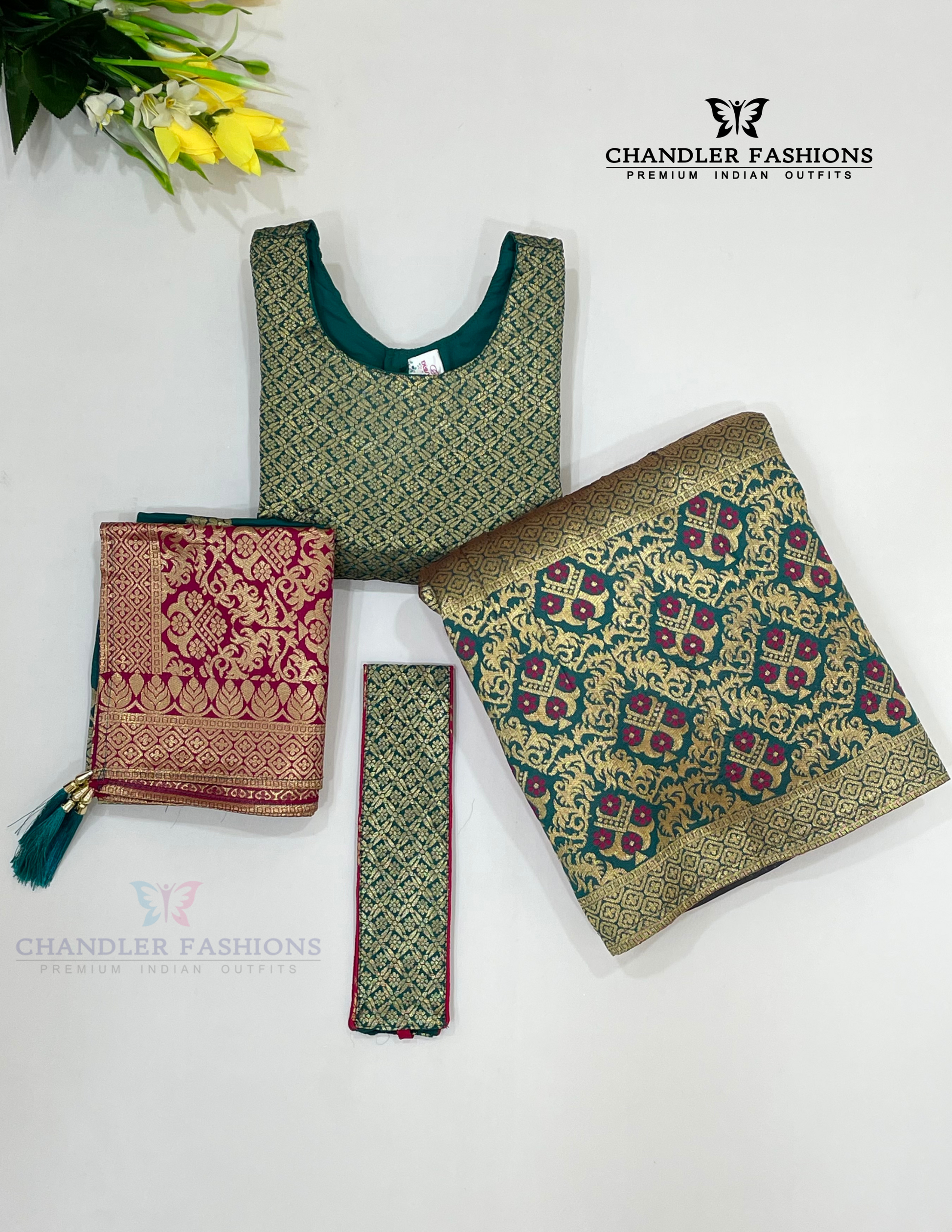 Pretty Green And Pink Colored Silk Choli Sets With Zari Work In Tempe