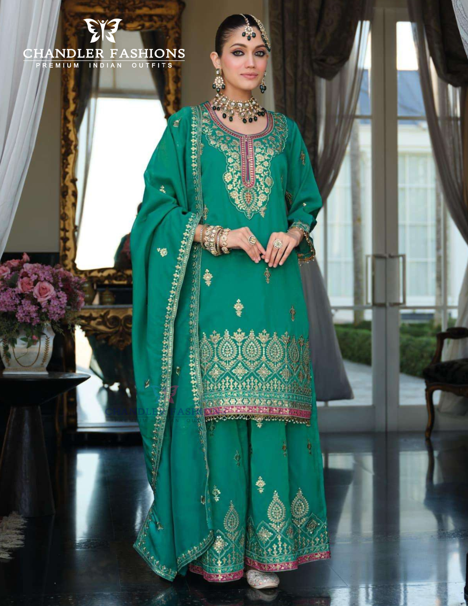 Elegant Green Color Shimmer With Embroidery Work Palazzo Suits For Women